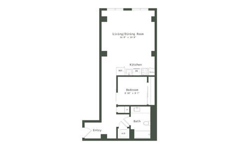 Floor plan for 1 bed, 1 bath, 745 sqft